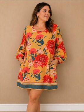 Umgee Yellow Dress with Coral-Red Floral Print